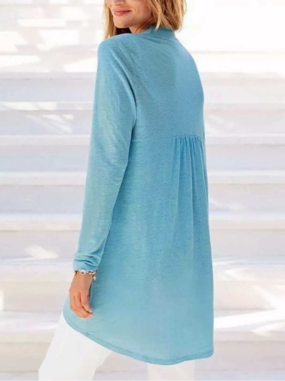 J.Jill Love Linen blue open front long sleeve longline relaxed slouchy cardigan